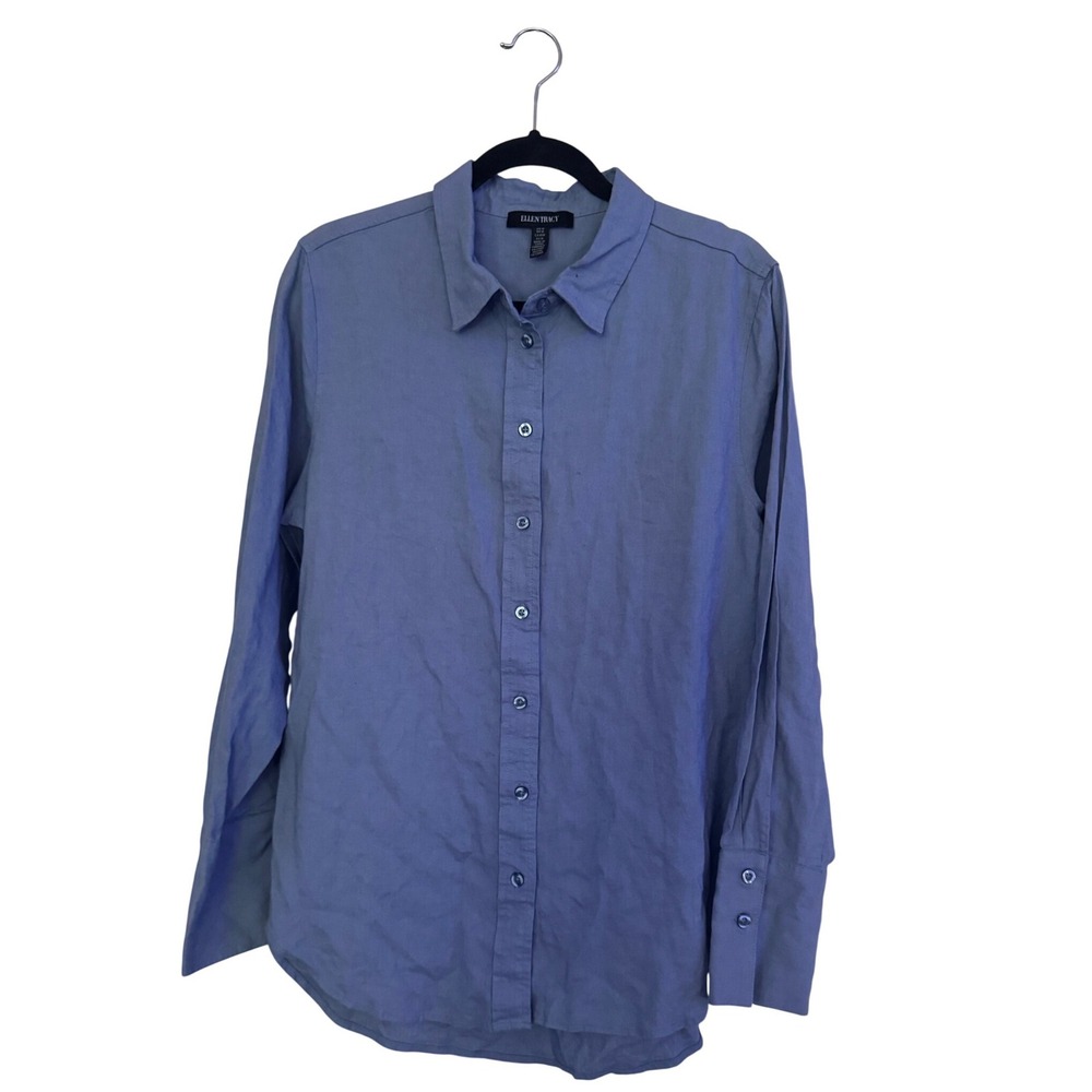 Ellen Tracy Women Long Sleeves Button Shirt Dusk Blue Linen Blend Size Med NWT